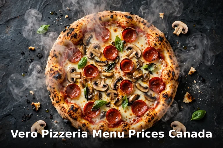 Vero Pizzeria menu prices, steaming pepperoni and mushroom pizza with the Vero Pizzeria Menu Prices Canada keyword overlay, Dartmouth Nova Scotia 2026