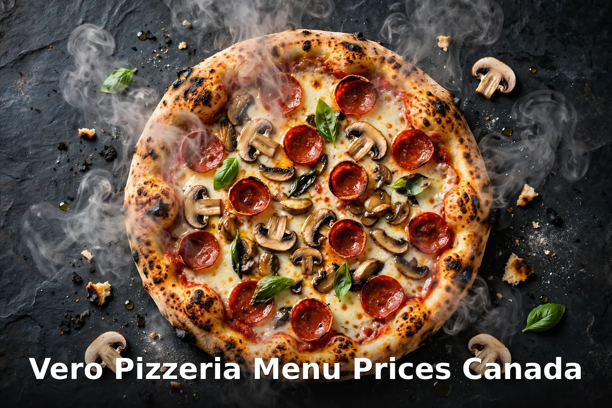 Vero Pizzeria menu prices, steaming pepperoni and mushroom pizza with the Vero Pizzeria Menu Prices Canada keyword overlay, Dartmouth Nova Scotia 2026