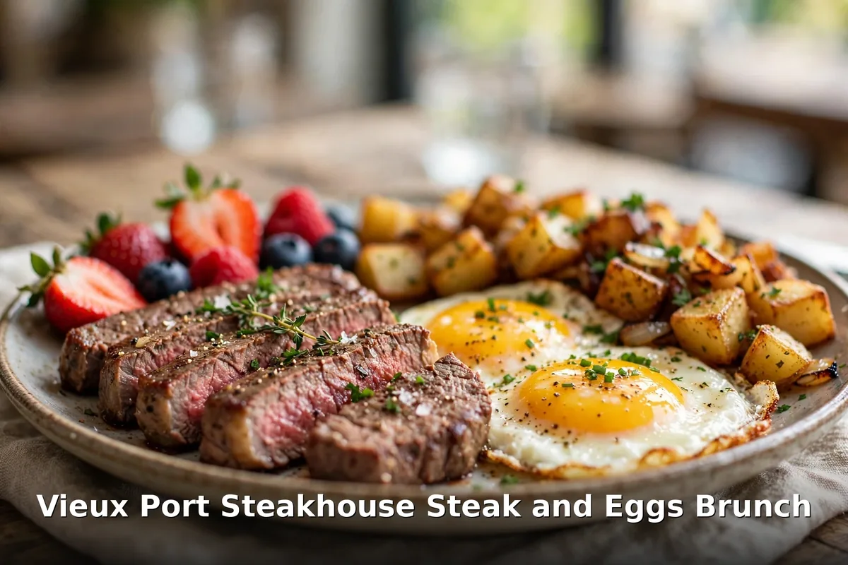 Steak and eggs brunch plate with home fries and berries, Vieux Port Steakhouse brunch prices Canada