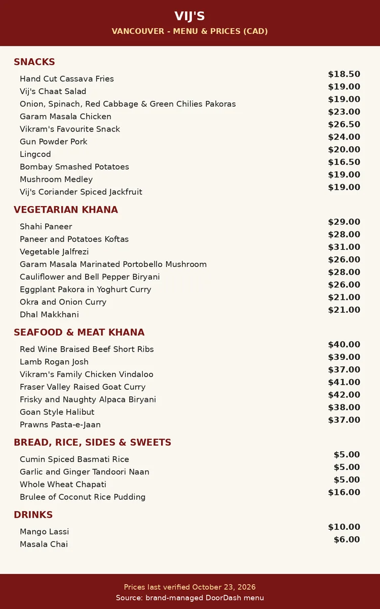 Vij's menu card showing snacks, vegetarian khana, seafood and meat khana and drink prices in CAD, vij's menu prices canada