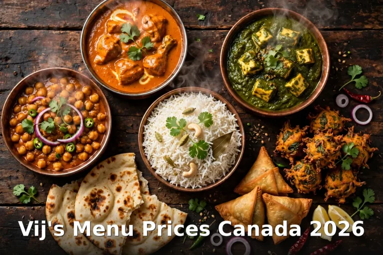 Vij's menu prices Canada 2026 featured: AI-generated Indian curry spread photo with keyword overlay