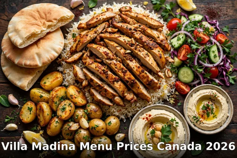 Villa Madina shawarma platter with chicken, rice, garlic potatoes, pita and hummus, villa madina menu prices canada