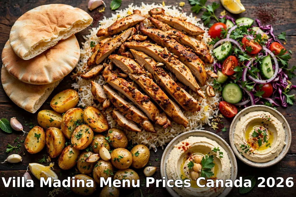 Villa Madina shawarma platter with chicken, rice, garlic potatoes, pita and hummus, villa madina menu prices canada