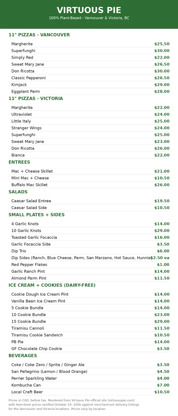 Virtuous Pie menu prices Canada: current menu card with CAD prices for Vancouver and Victoria