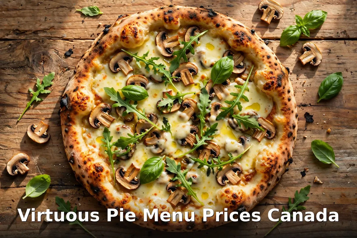 Virtuous Pie menu prices Canada 2026: fully vegan wood-fired style pizza with melted plant-based cheese