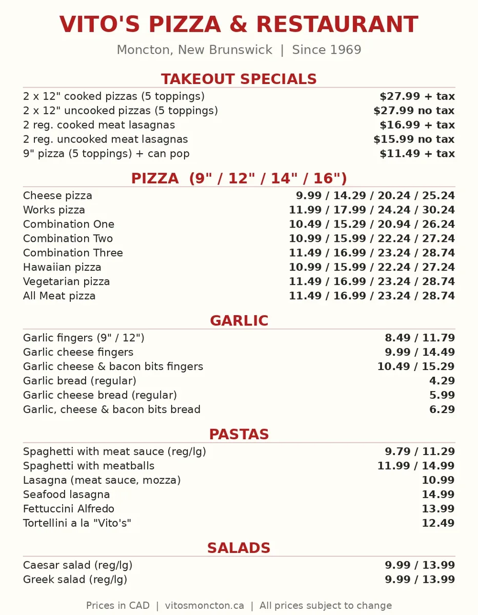 Vito's menu prices Canada: official current menu card with pizza prices by size, takeout specials, garlic items, pastas and salads