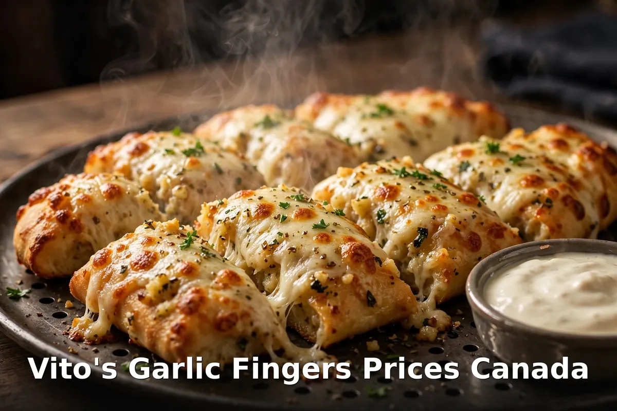 Vito's garlic fingers prices Canada: cheesy garlic fingers with donair dipping sauce