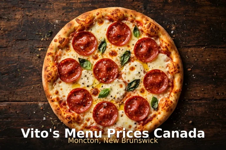 Vito's menu prices Canada 2026: pepperoni pizza with crisp crust on a wooden table, Moncton New Brunswick flagship