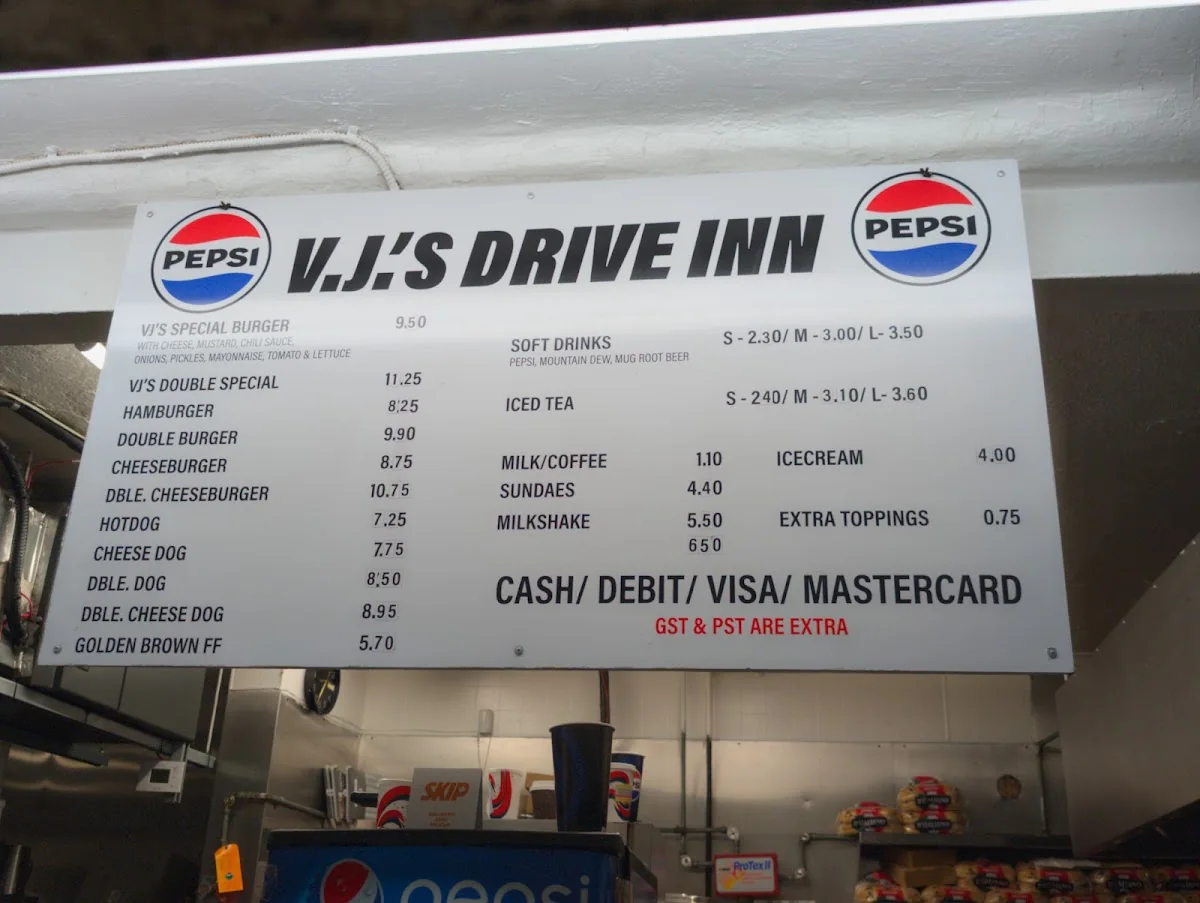 VJ's Drive Inn menu prices Canada: current in-store Pepsi menu board with burger, hot dog, fries, shake and ice cream prices in CAD