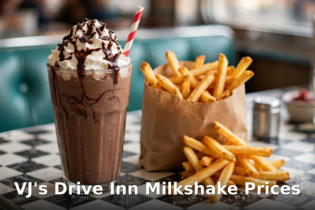 VJ's Drive Inn milkshake price Manitoba: milkshake $5.50, large $6.50, sundaes $4.40 and ice cream $4.00