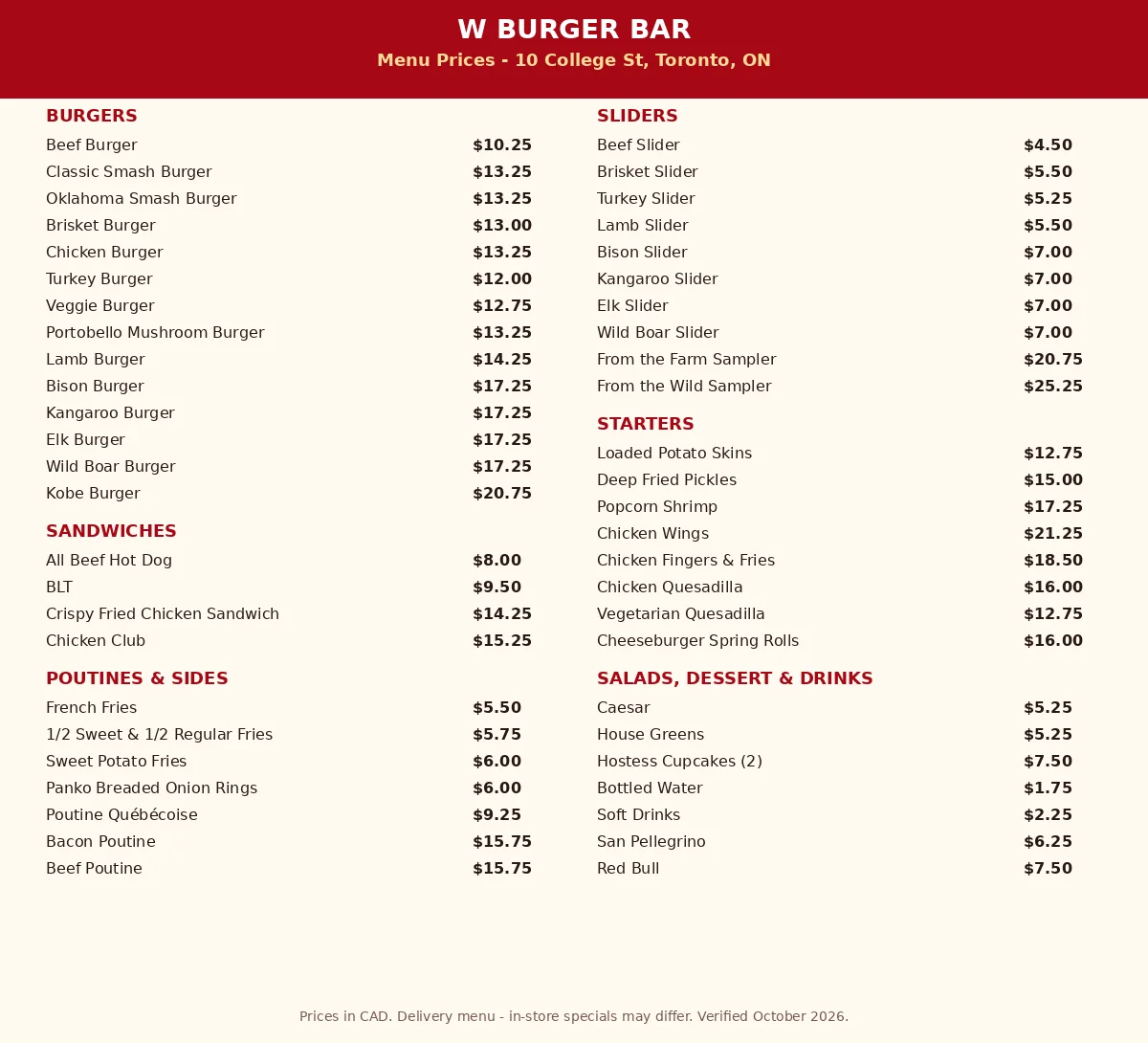 W Burger Bar menu card showing current Canadian burger and slider prices in CAD, w burger bar menu prices canada
