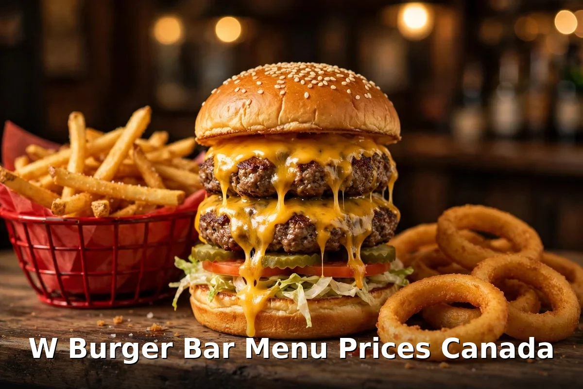 W Burger Bar menu prices Canada 2026 - double cheeseburger with fries and onion rings on a bar table