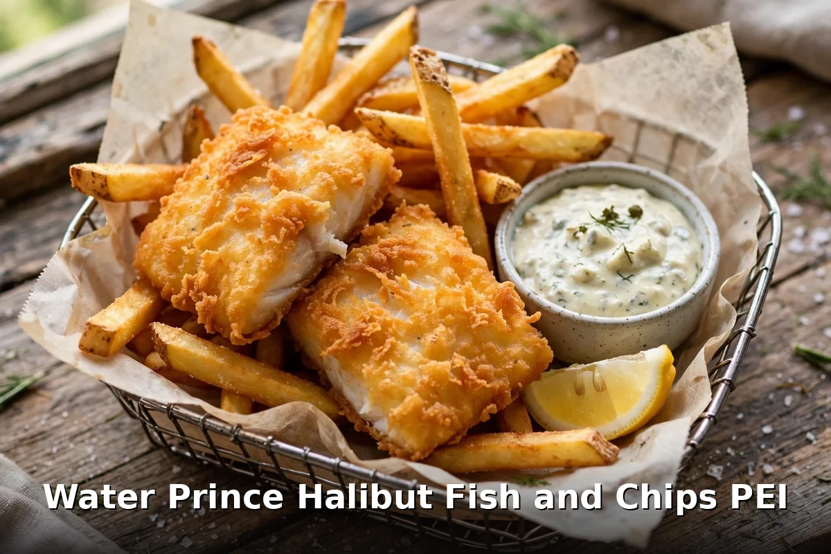 Water Prince halibut fish and chips PEI: crispy golden battered fish with hand-cut fries and tartar, water prince corner shop menu prices canada