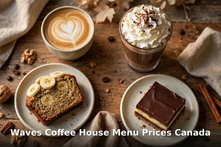 Waves Coffee House Menu Prices Canada - AI-generated coffee house spread with latte art, Belgian mocha and banana loaf, waves coffee house menu prices