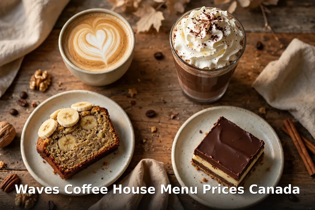 Waves Coffee House Menu Prices Canada - AI-generated coffee house spread with latte art, Belgian mocha and banana loaf, waves coffee house menu prices
