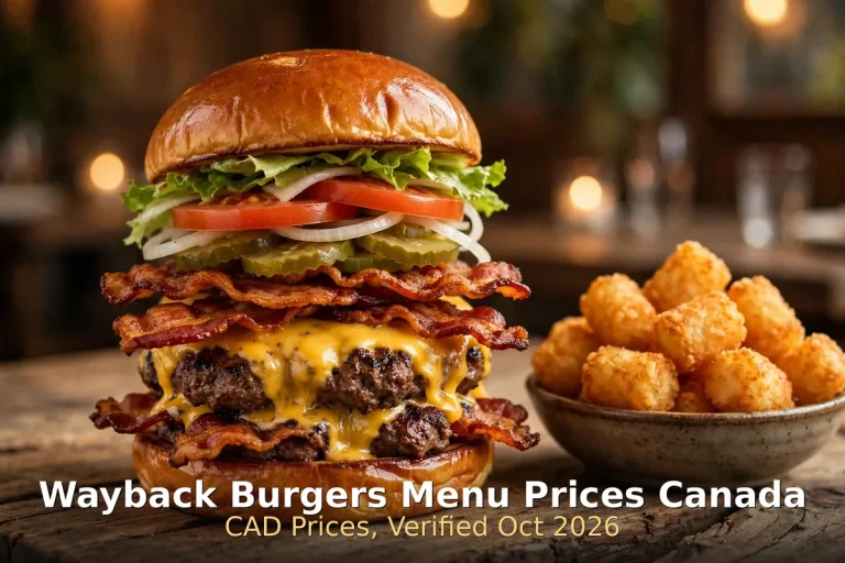 Wayback Burgers menu prices Canada 2026: double bacon cheeseburger with tater tots