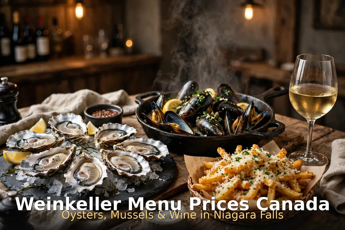 AI-generated raw bar platter of hand-shucked east coast oysters with PIL keyword overlay, Weinkeller menu prices Canada