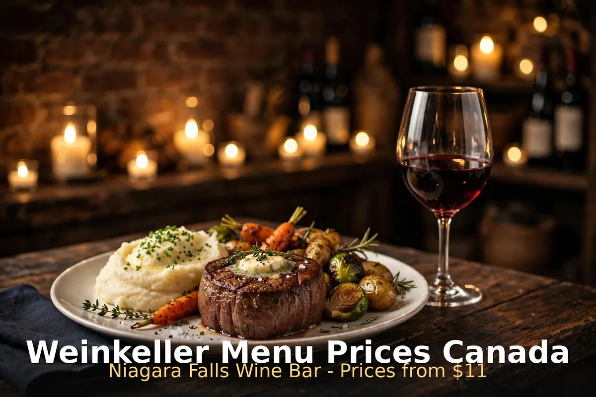 Weinkeller menu prices Canada 2026 featured: AI-generated filet mignon and red wine in a candlelit cellar with crisp PIL keyword overlay