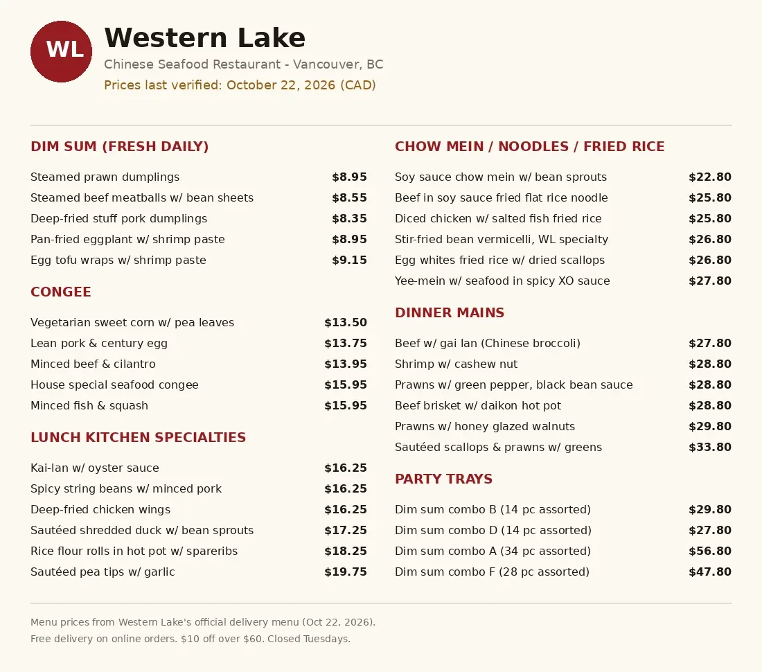 Western Lake menu card Canada 2026: official menu with verified CAD prices, western lake menu prices canada