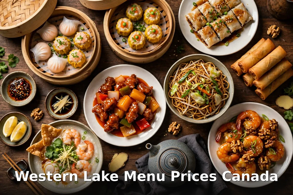 Western Lake menu prices Canada 2026: Cantonese dim sum table spread with steamed dumplings, spring rolls and noodles