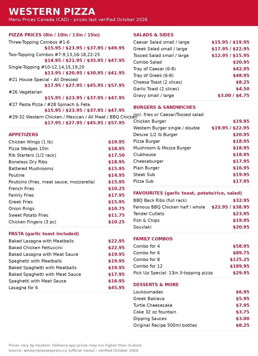 Western Pizza official menu card showing pizza, appetizer, pasta, burger and family combo prices in CAD, western pizza menu prices canada