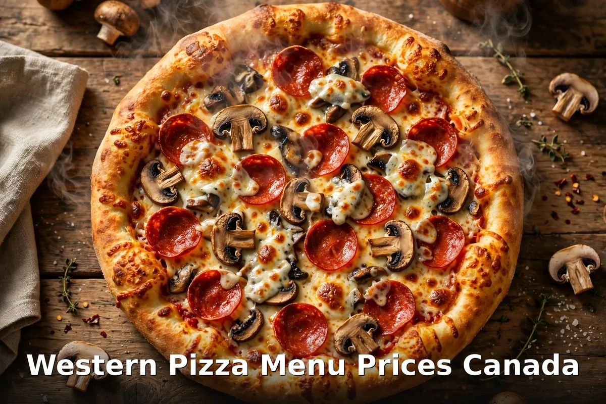 Hot pepperoni and mushroom pizza on a rustic wooden table, western pizza menu prices canada