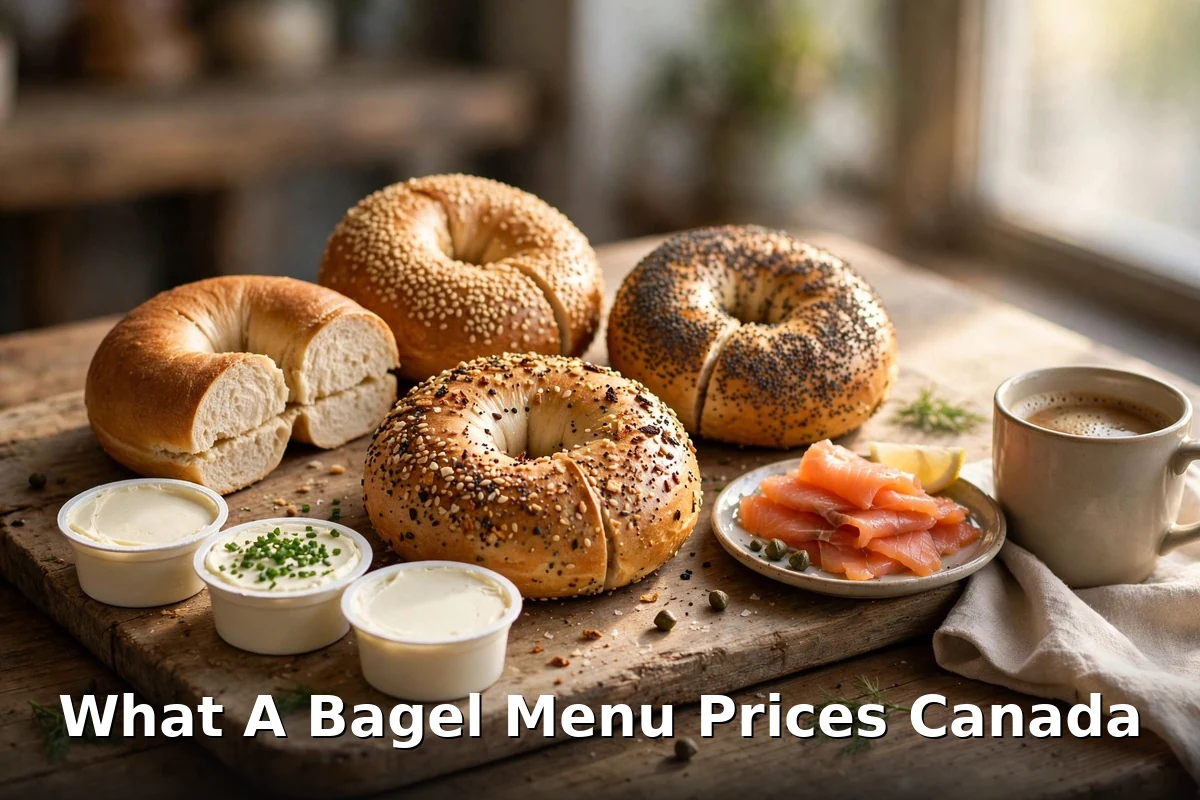 Fresh-baked What A Bagel bagels with cream cheese and smoked salmon on a wooden board, what a bagel menu prices canada