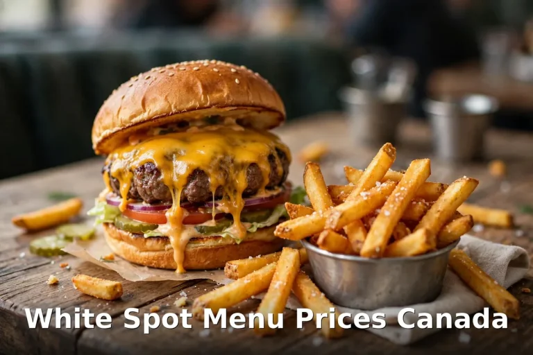 White Spot menu prices Canada 2026: Legendary-style double cheeseburger with melted cheddar and fries
