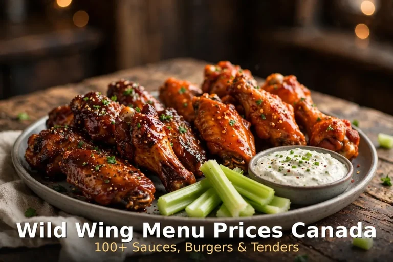 AI-generated glazed chicken wings food photo with PIL text overlay, wild wing menu prices canada 2026