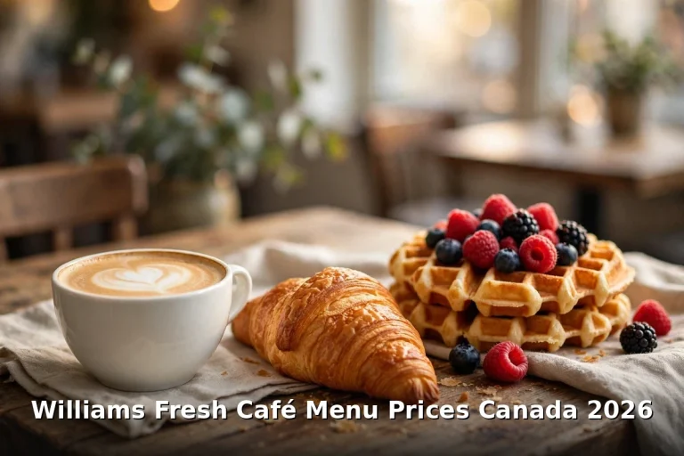 Williams Fresh Café menu prices Canada 2026: latte, croissant and berry waffles, williams fresh cafe menu prices canada