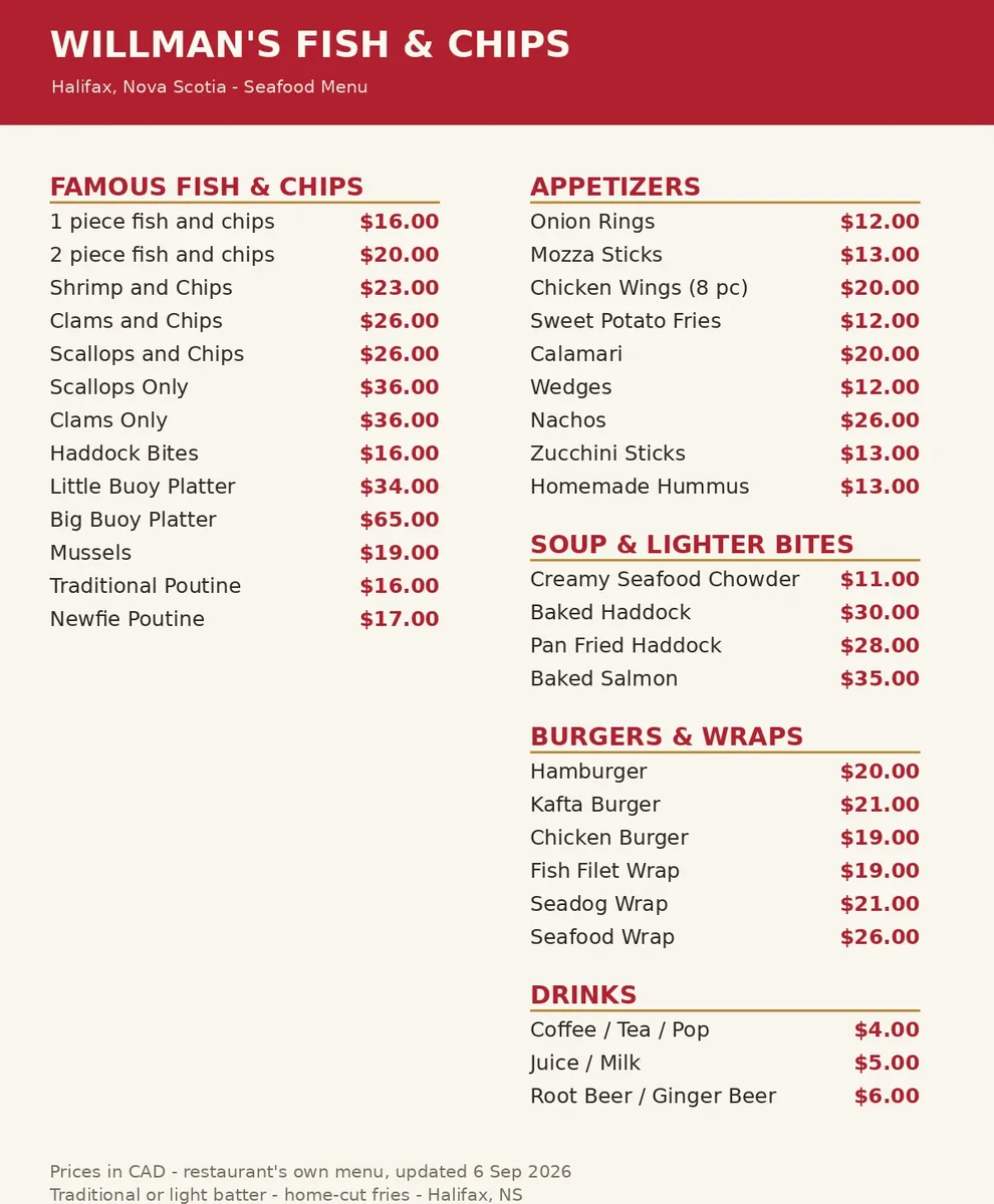 Willman's Fish & Chips menu card showing fish and chips, Digby clams, scallops and seafood platter prices in CAD, Willman's Fish & Chips menu prices Canada