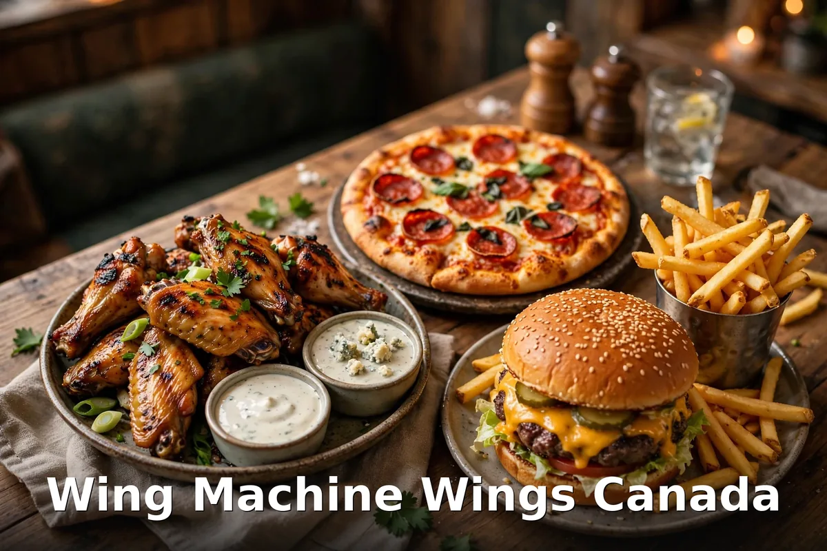 Wing Machine wings and pizza Canada: chicken wings, pizza, burger and fries spread