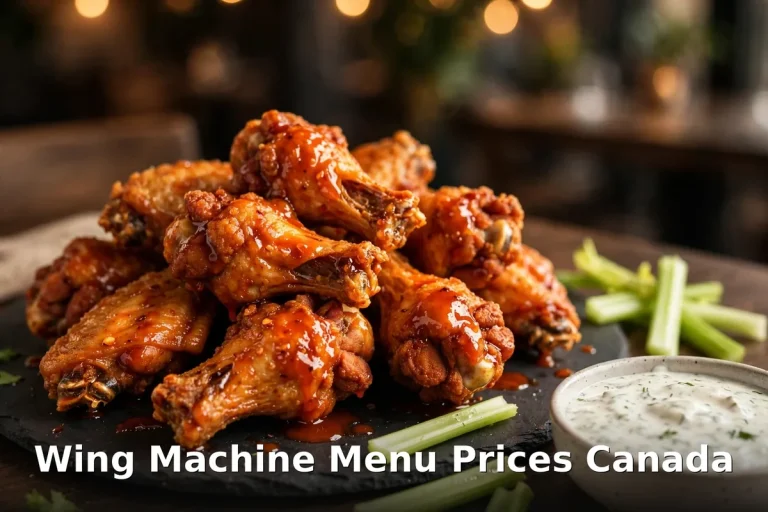 Wing Machine menu prices Canada 2026: saucy chicken wings with celery and ranch dip