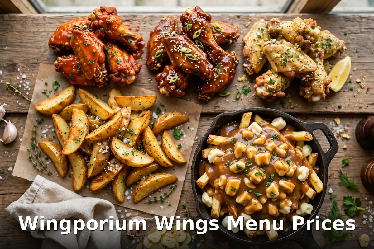 AI-generated Wingporium-style crispy chicken wings with golden wedges photo with PIL text overlay, wingporium wings and wedges prices canada