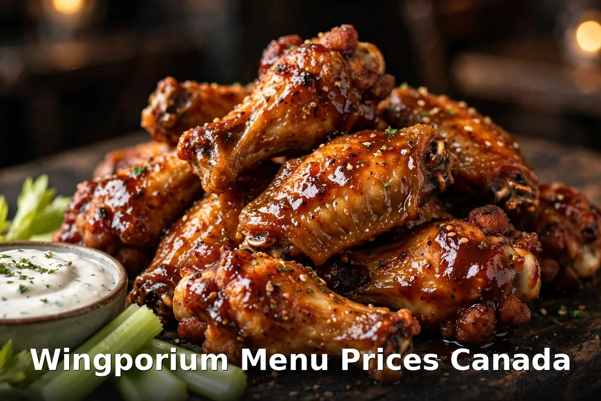 AI-generated crispy chicken wings photo with PIL text overlay, wingporium menu prices canada 2026