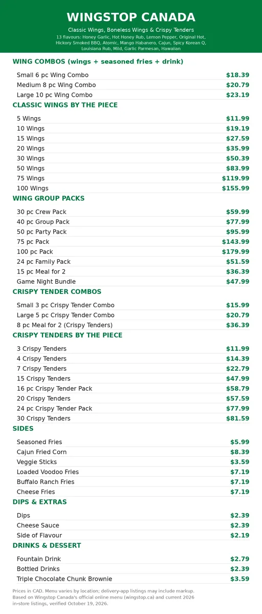 Wingstop Canada menu card 2026 with verified CAD prices for wings, tenders and combos, wingstop menu prices canada