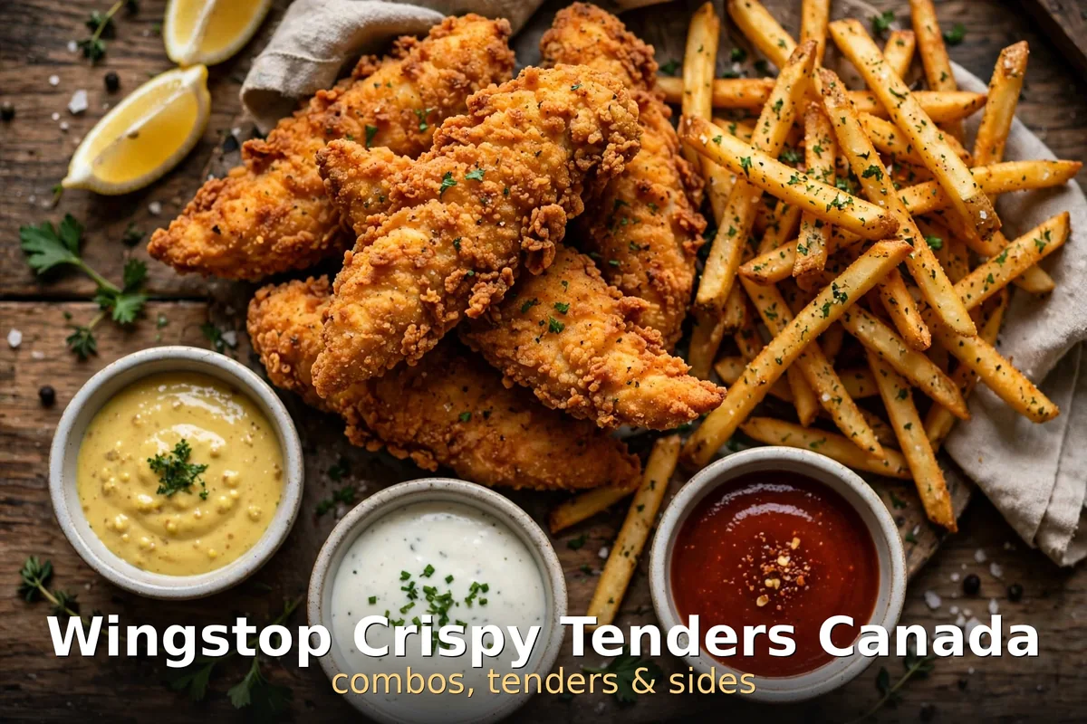 Wingstop crispy chicken tenders with seasoned fries and dips, wingstop menu prices canada