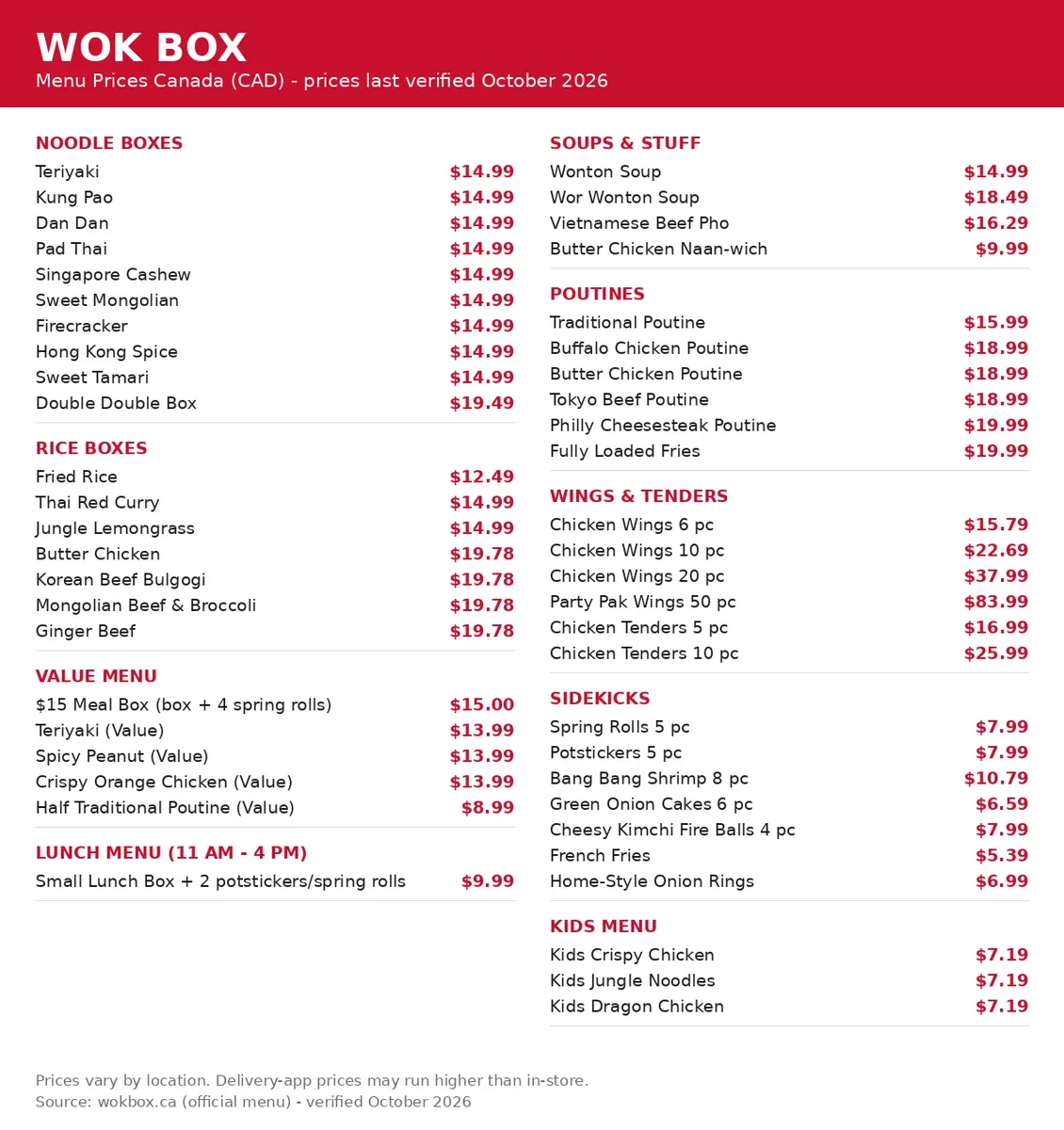 Wok Box menu card Canada 2026: noodle boxes, rice boxes, value menu, lunch menu, soups, poutines, wings and kids menu prices in CAD, wok box menu prices canada