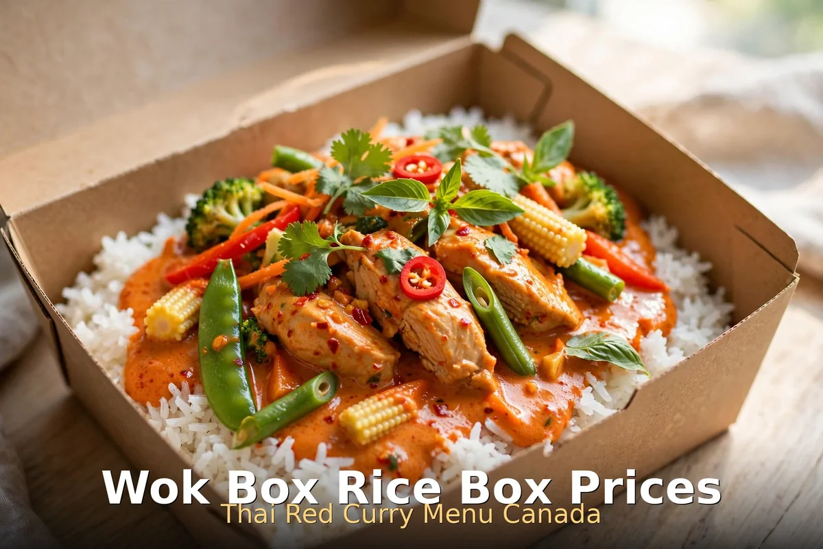 Wok Box Thai red curry rice box with chicken, vegetables and rice, wok box rice box menu prices Canada