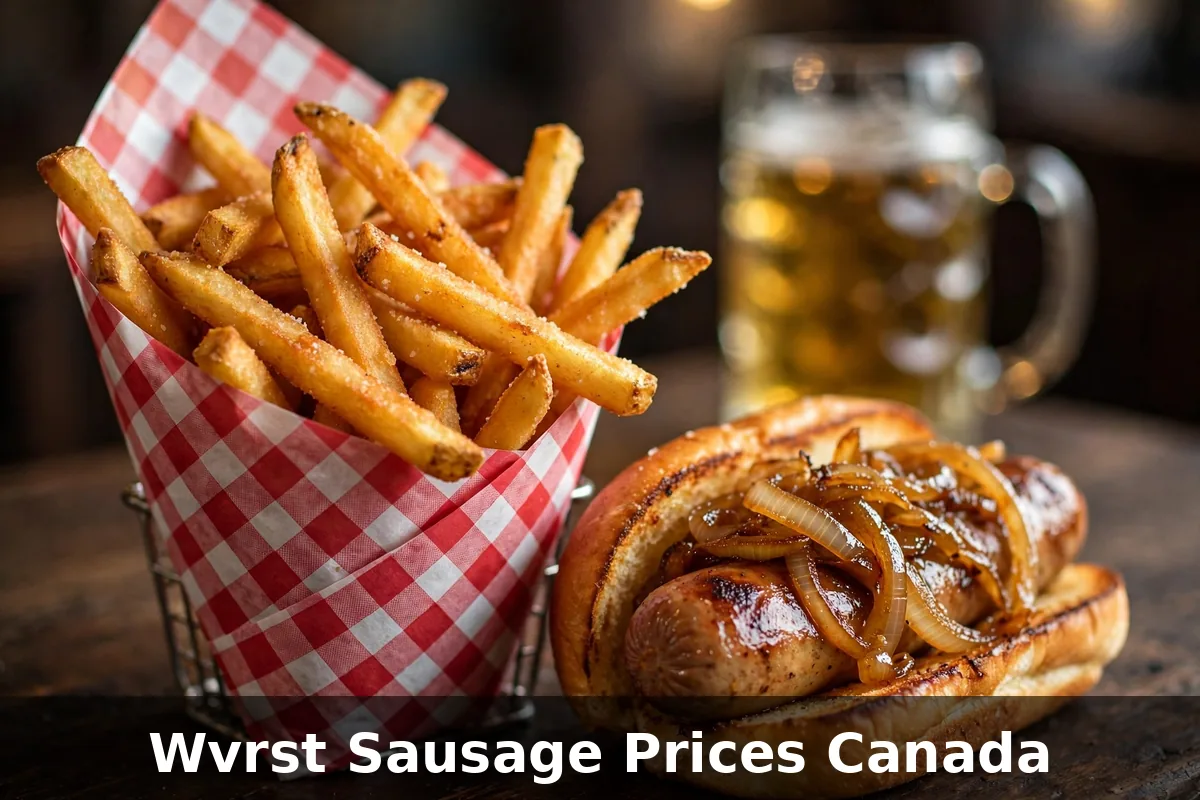 Sausage on a toasted bun with duck fat fries, wvrst sausage prices canada