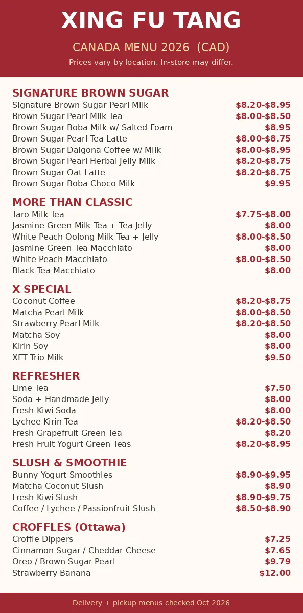 xing fu tang canada menu prices, current Xing Fu Tang Canada menu card with brown sugar, classic, X special, refresher and slush prices in CAD