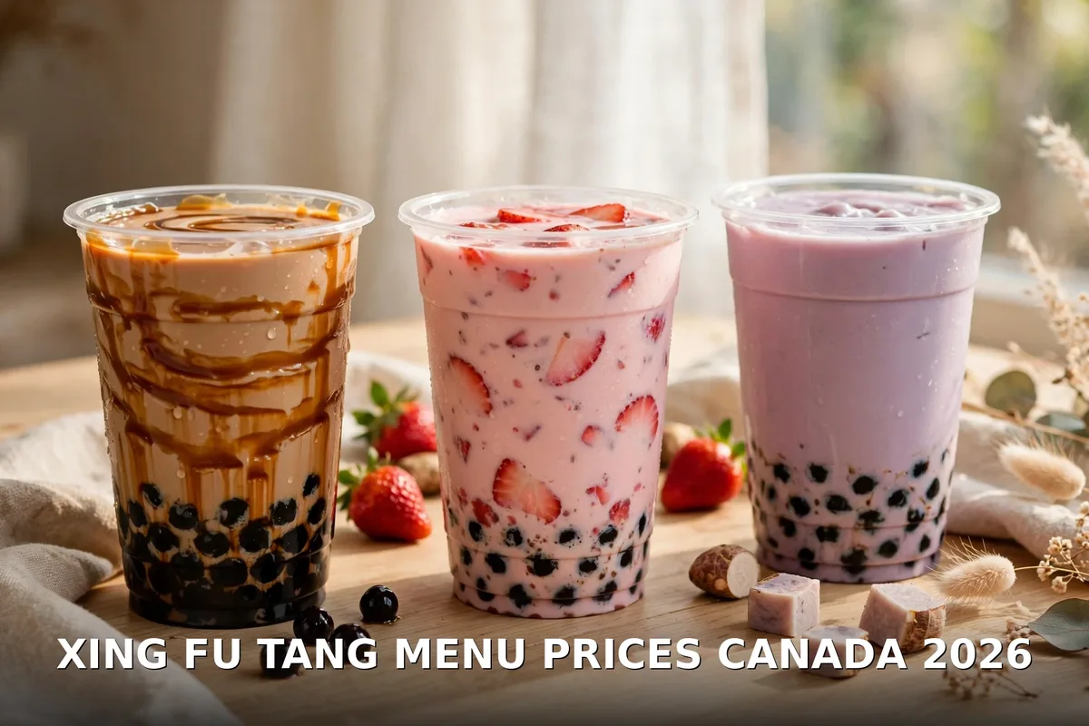 xing fu tang canada menu prices 2026: brown sugar pearl milk tea, strawberry milk tea and taro milk tea bubble tea cups with tapioca pearls