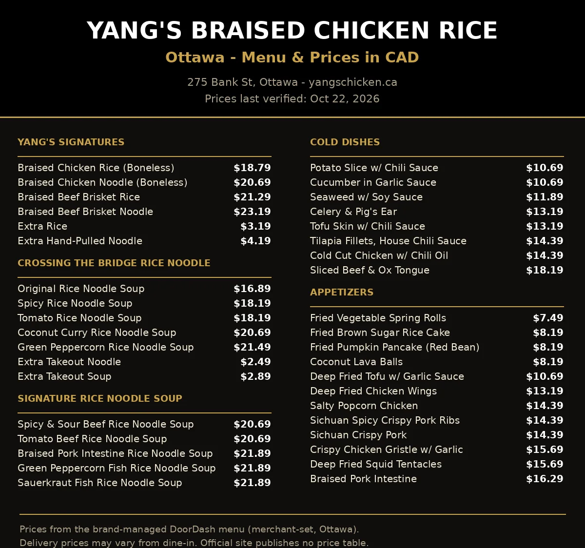 Yang's Braised Chicken Rice menu prices, current Yang's Ottawa menu card with braised chicken rice, beef brisket and rice noodle soup prices in CAD