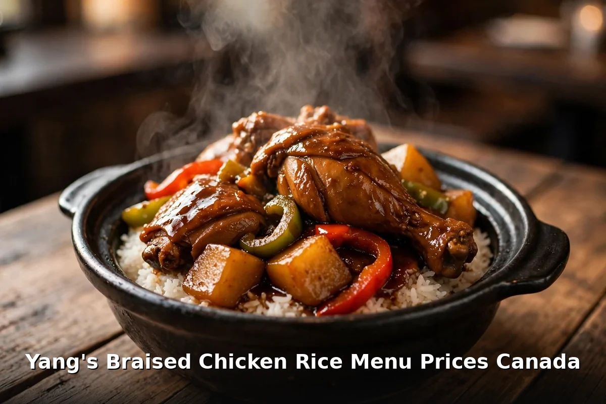 Braised chicken rice with rich Shandong-style sauce in a bowl, yang's braised chicken rice menu prices canada 2026
