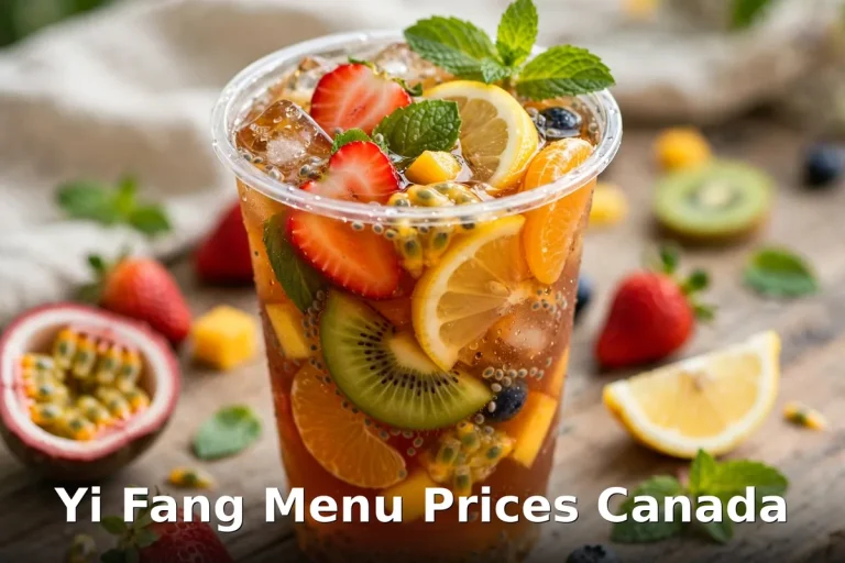 Yi Fang Menu Prices Canada 2026: AI-generated fresh fruit tea with strawberries, kiwi and citrus