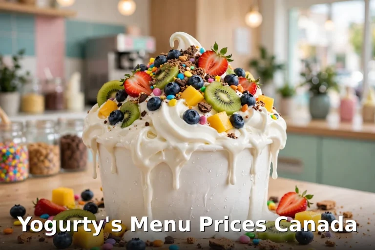 Yogurty's menu prices Canada 2026 featured: AI-generated self-serve frozen yogurt cup with fruit toppings and PIL keyword overlay "Yogurty's Menu Prices Canada"
