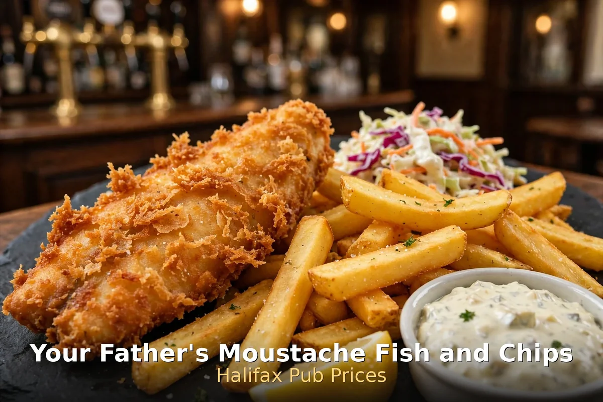 Your Father's Moustache fish and chips with fries and coleslaw, your father's moustache fish and chips prices halifax