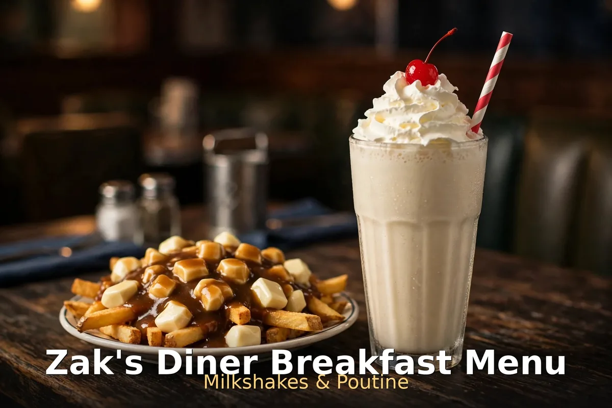 Zak's Diner breakfast menu prices, thick diner milkshake and Quebecer poutine at Zak's Diner Canada