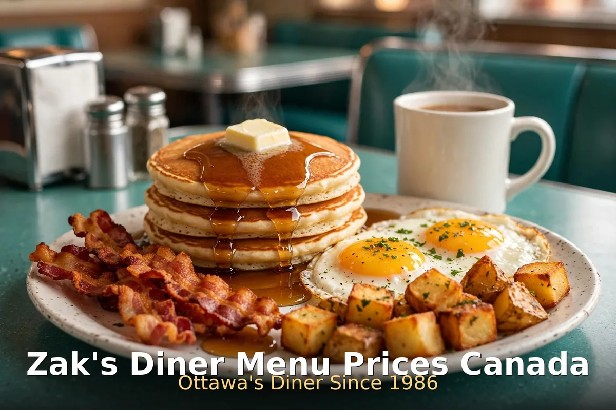 Zak's Diner menu prices, 1950s diner all-day breakfast with pancakes, eggs and coffee at Zak's Diner Canada 2026